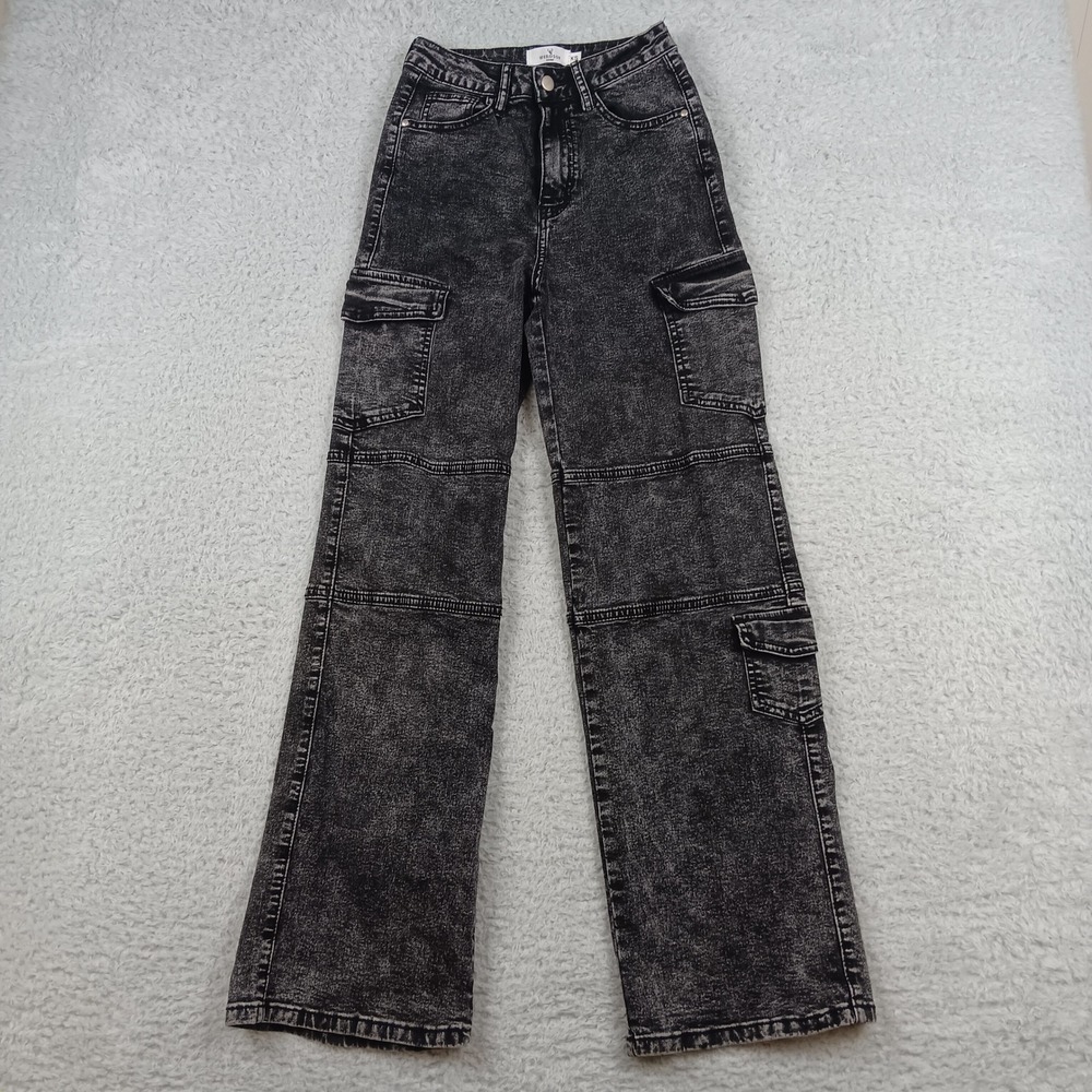Windsor Denim Cargo Jeans Women XS Black Acid Wash Wide Leg TS137BLK